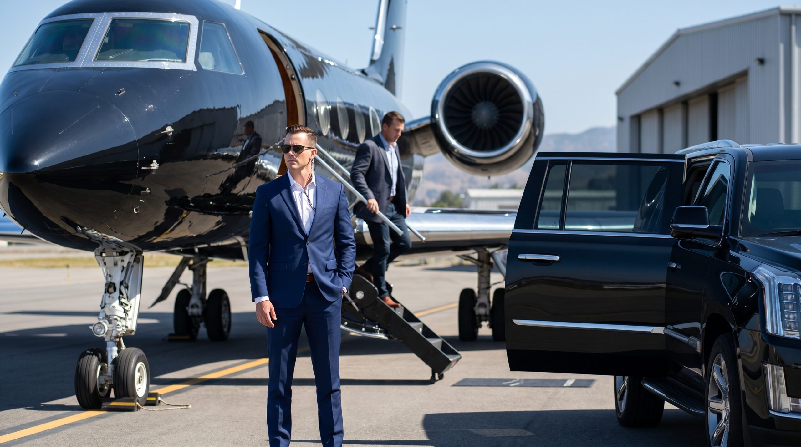 Private jet arrival coordinated with executive vehicle and close protection personnel