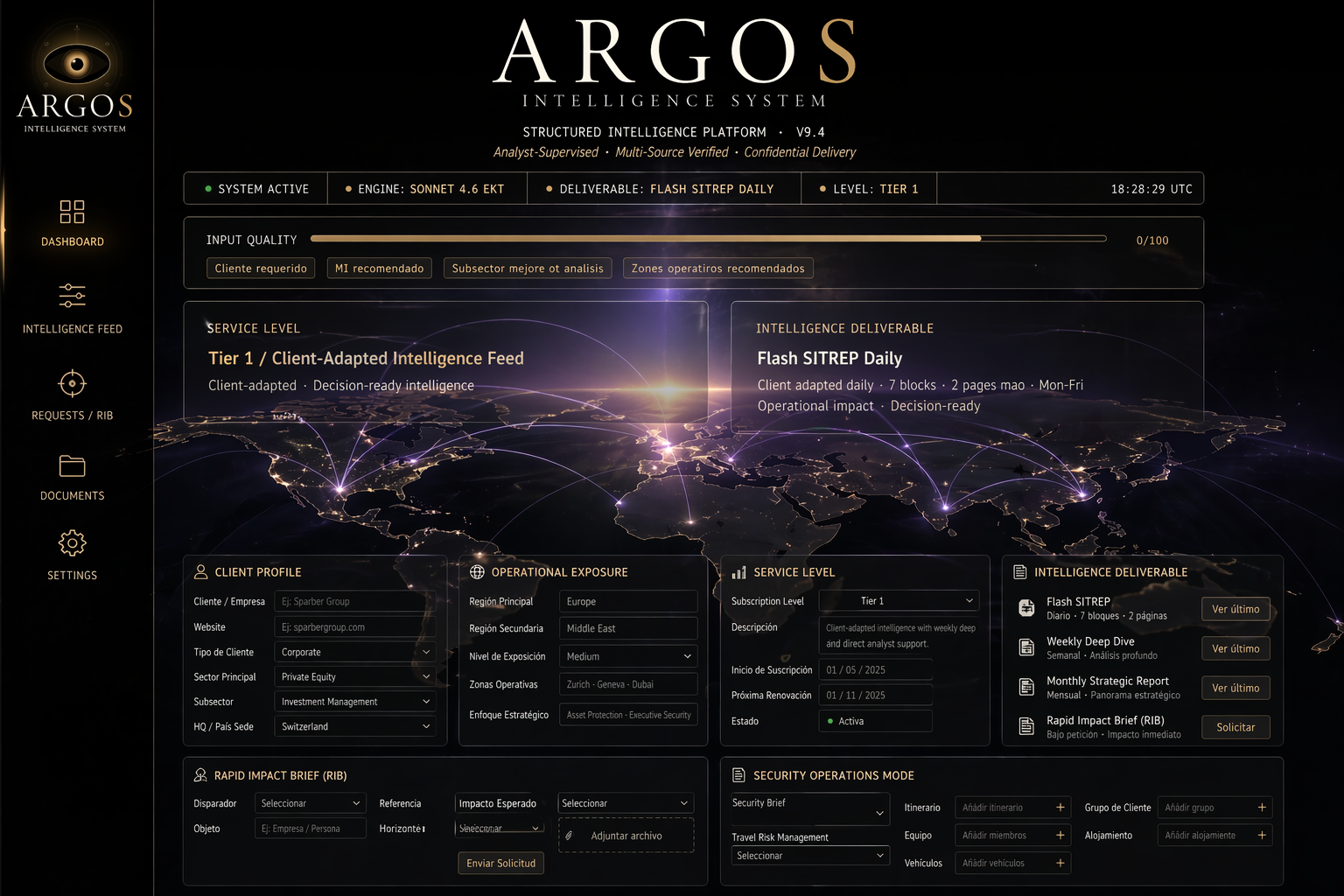 ARGOS® Terminal dashboard prototype showing service level, intelligence deliverables, client profile, operational exposure and Rapid Impact Brief workflow
