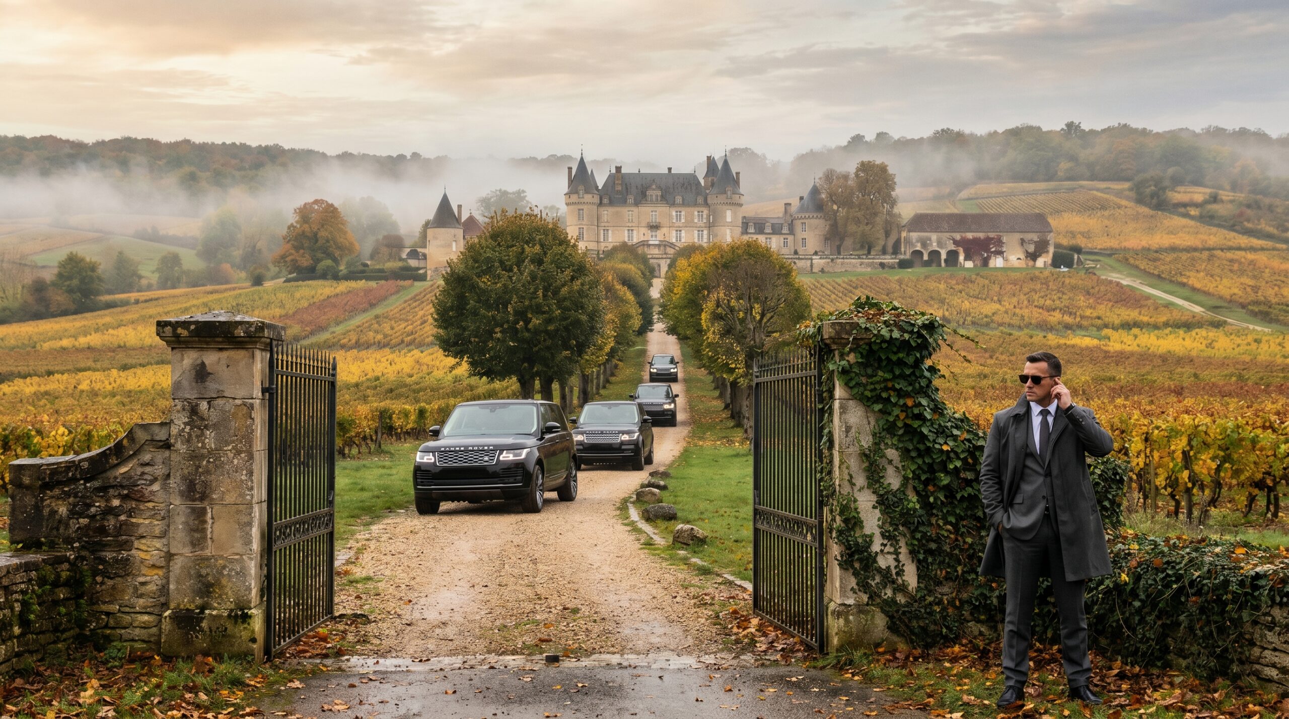 Secure executive convoy approaching a European private estate through controlled gates