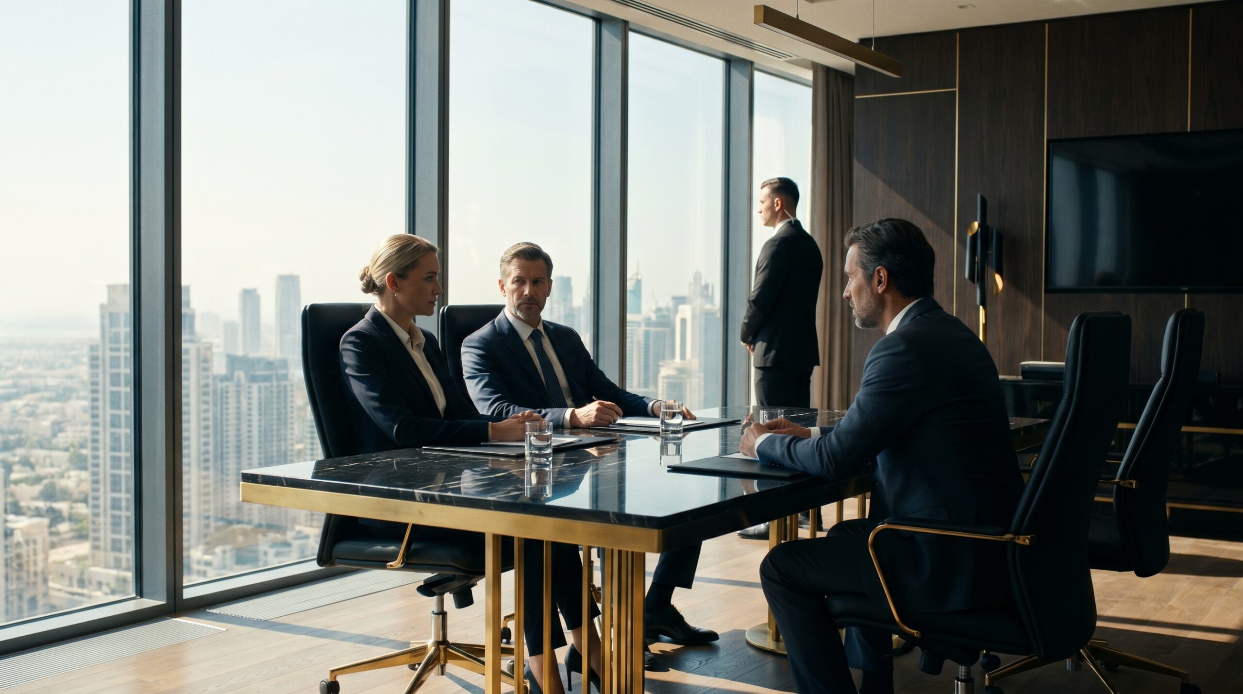 Private executive protection advisory meeting in a high-rise boardroom overlooking a Gulf city skyline